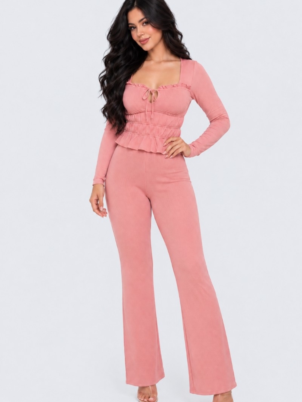 Pink Long-Sleeve Ruffle Top With Flare Pants